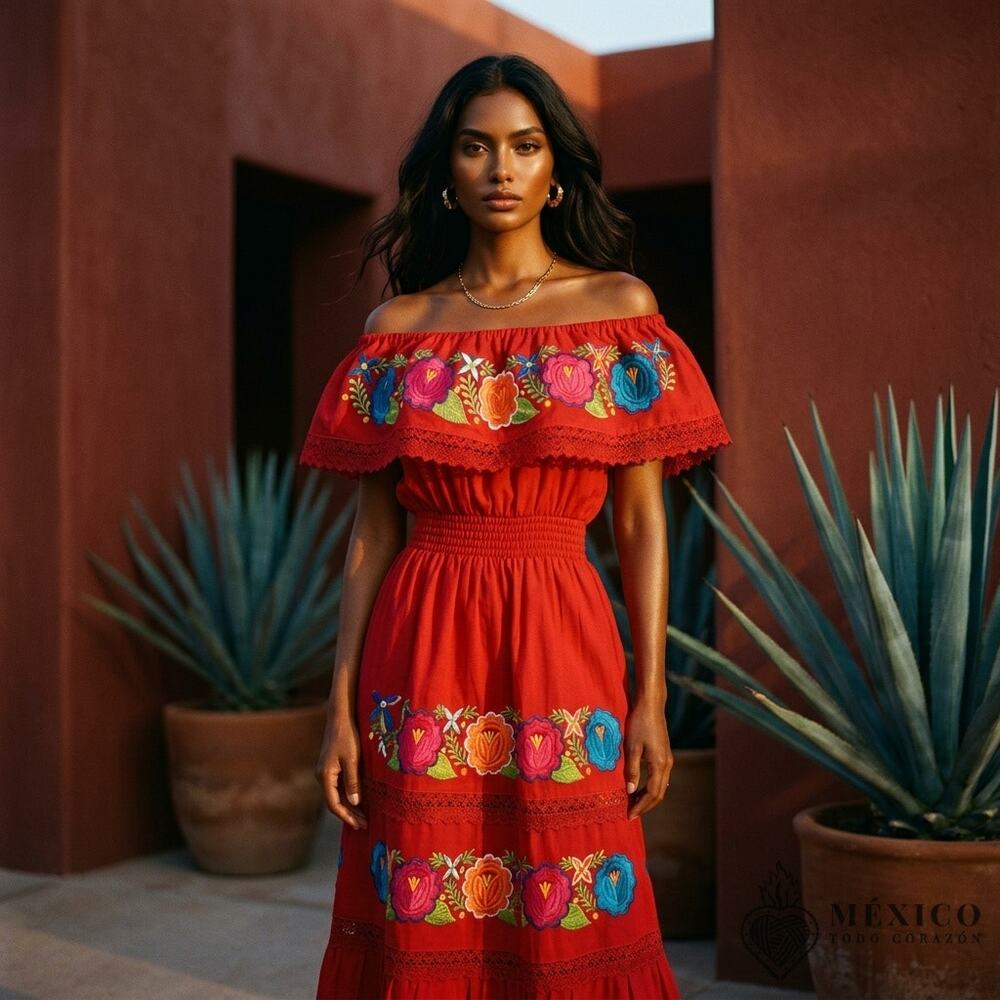 Mexican RED maxi dress one piece Dress – Mexican Folklore Wear size Large